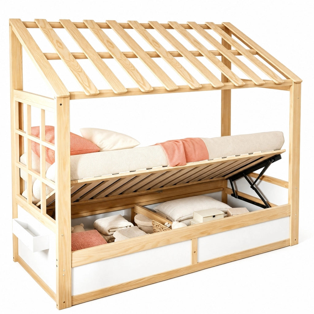 Letto per bambini a casetta 90x200 cm con contenitore idraulico e vani laterali; bianco naturale
