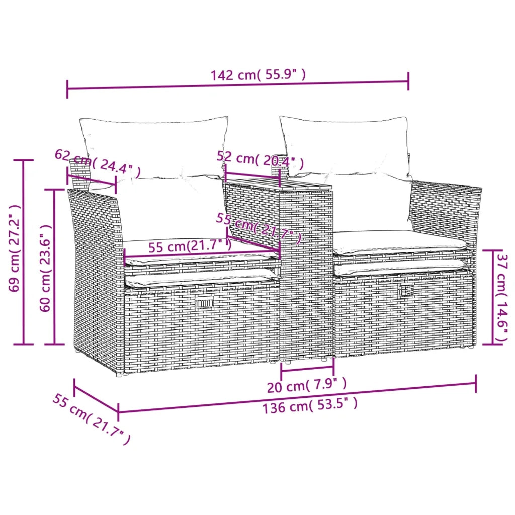 Divano da Giardino 2 Posti con Sgabelli Grigio in Polyrattan