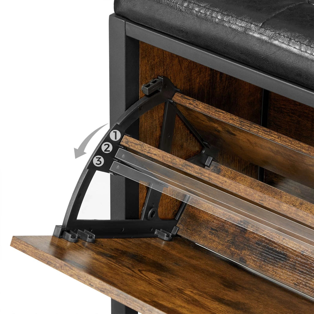 Panca portascarpe con contenitore 80 x 30 x 51 cm seduta imbottita con cassetto basculante per 6 paia di scarpe struttura in acciaio in stile industriale marrone 12_0004068