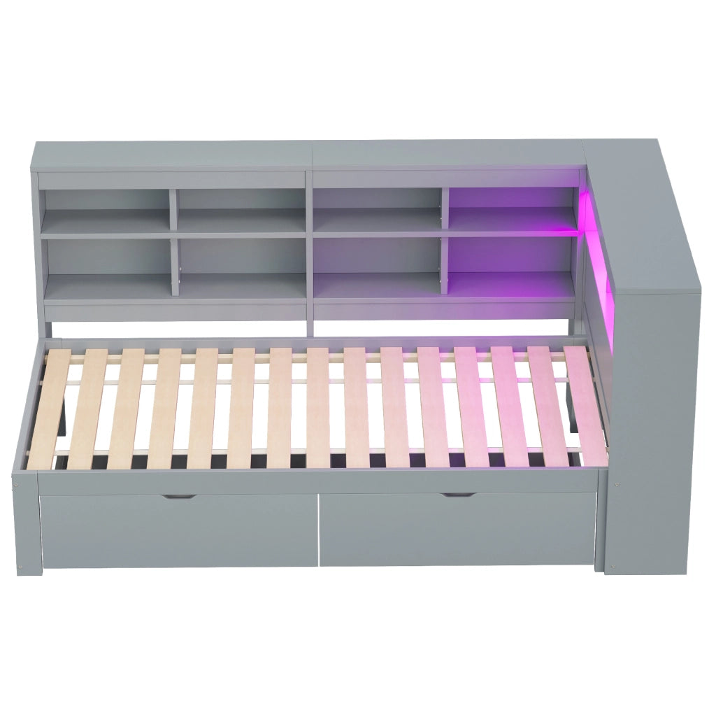Letto 90x200 cm con contenitori; USB e LED in legno grigio