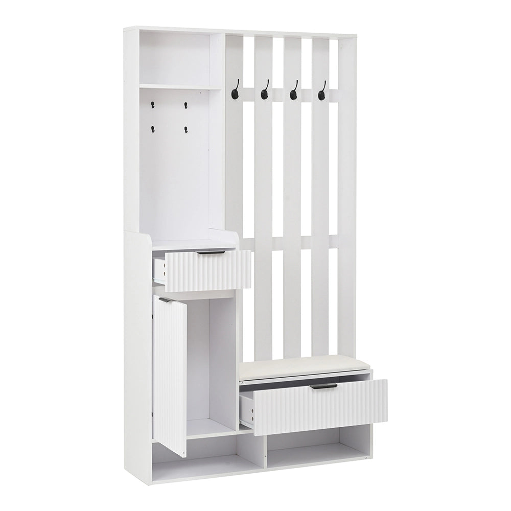 Appendiabiti 6 in 1 100x30x180 cm - Xylo - 8 ganci, panchina, ripiani, cassetti, protezione ribaltamento, bianco