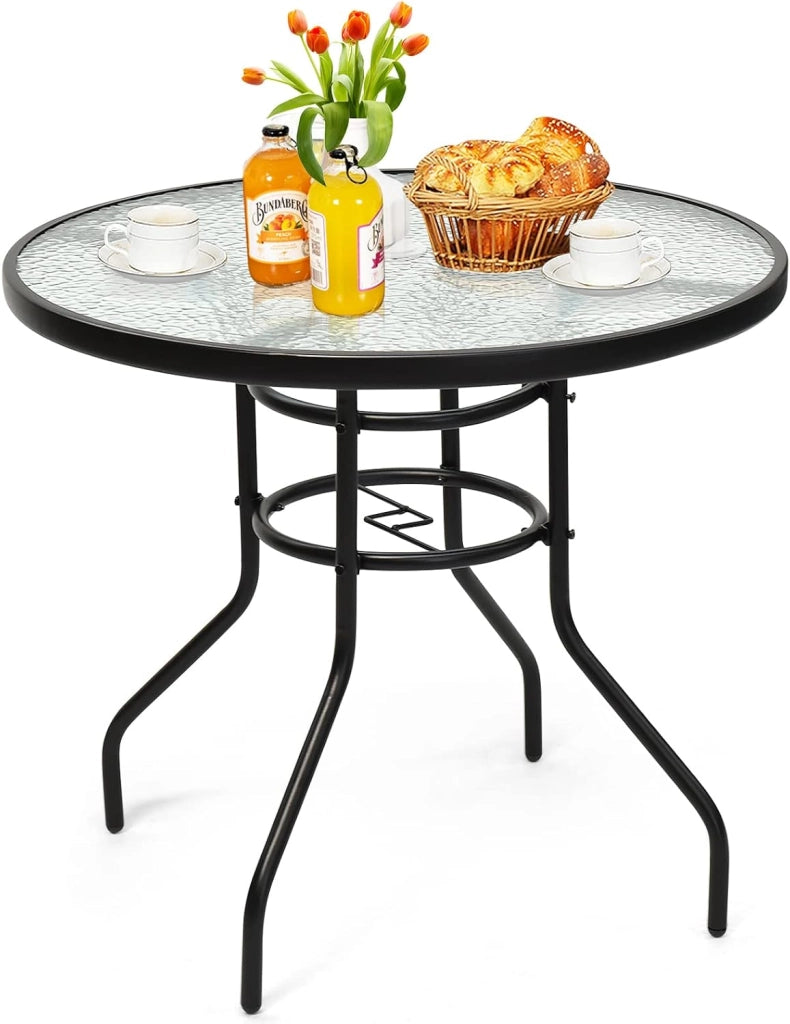 Tavolino in Vetro, con Foro di 40 mm per Ombrellone, 2 Anelli di Fissaggio, Tavolino Multiuso da Esterno, Giardino, Cortile, Balcone, Portata di 80 kg, 81x81x71 cm (Quadrato)