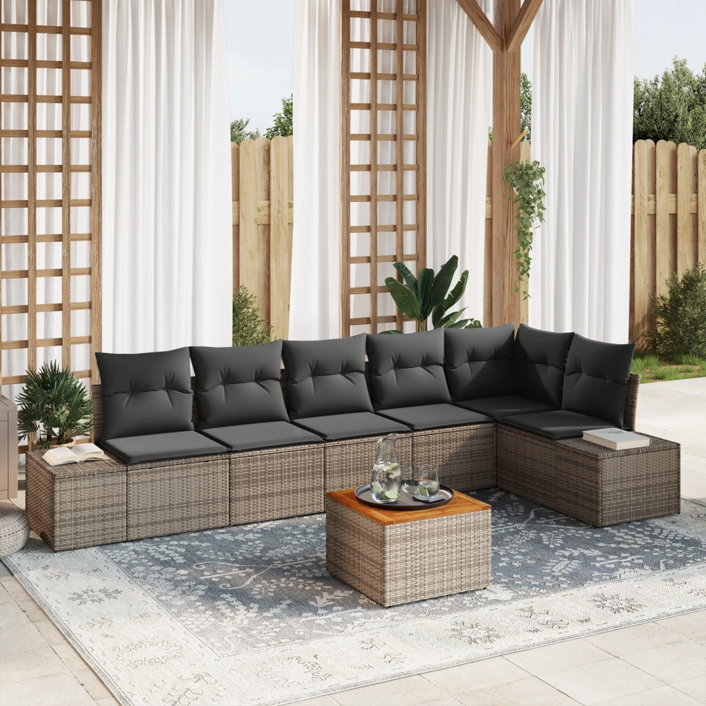 Set di divani da giardino 7 pezzi con cuscini Grigio Polirattan Acacia