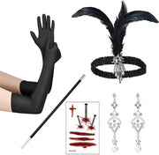 Accessori di Halloween per Adulti - Cappello con Fiocco - Maniche Lunghe Nere - Orecchini - Adesivi per il Viso di Halloween - Design Vintage - Costume Gatsby