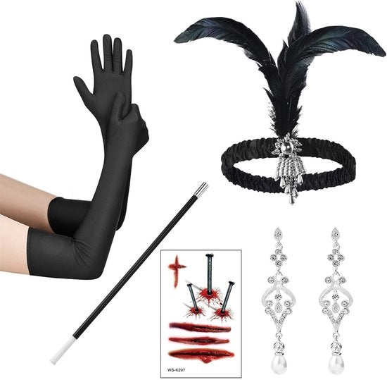 Accessori di Halloween per Adulti - Cappello con Fiocco - Maniche Lunghe Nere - Orecchini - Adesivi per il Viso di Halloween - Design Vintage - Costume Gatsby
