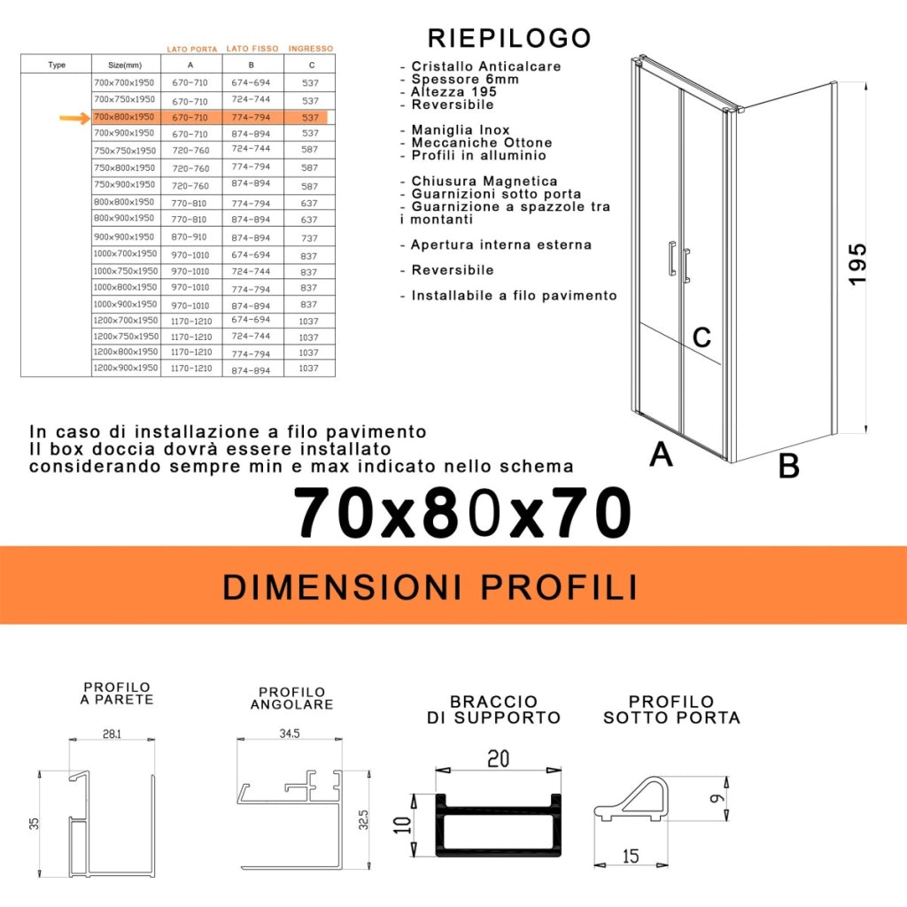Box doccia saloon tre lati senza profili trasparente 6mm h195 dobla, misura 70x80x70