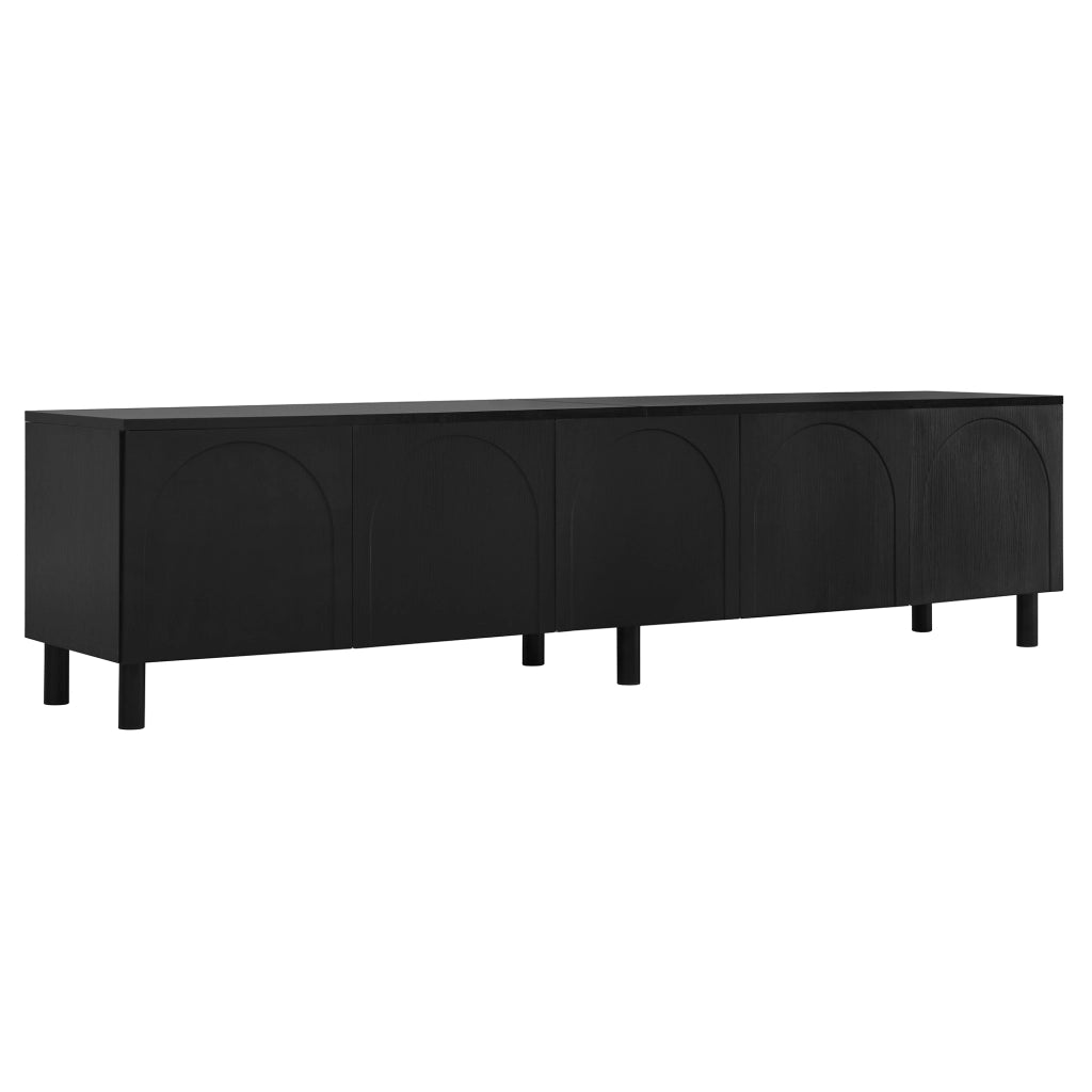 Mobile porta TV con 5 ante, fori passacavi e piedini in metallo, per soggiorno, in MDF e PB, nero, 180 × 38 × 45 cm