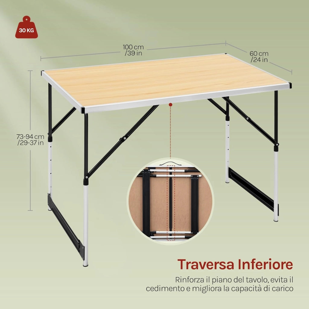 Tavolo da Campeggio Picnic Giardino Pieghevole Portatile Altezza Regolabile in MDF Quercia 100x60x73/94cm