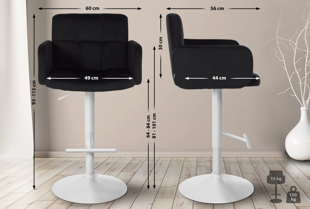 Set di 2 sgabelli da bar Los Angeles in velluto nero,bianco