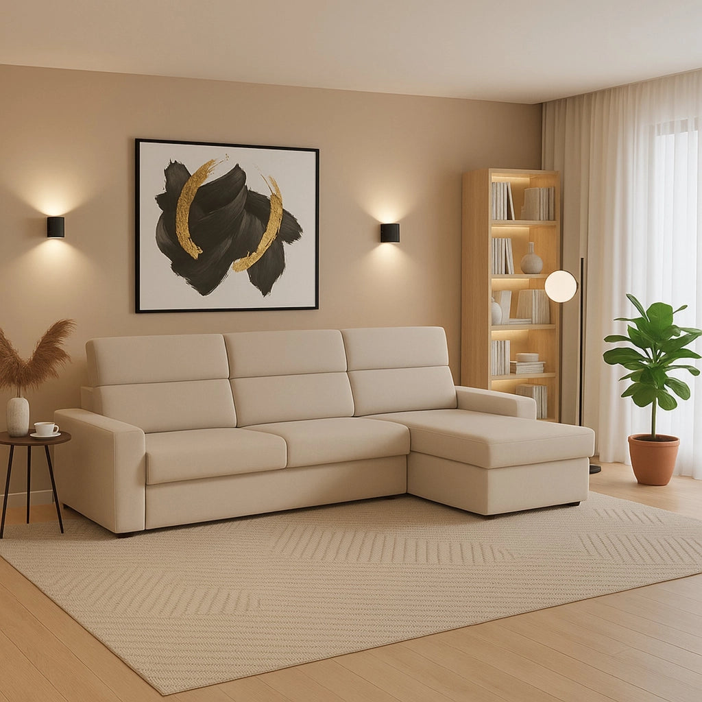 Vigonovo, Divano Fisso con Penisola Sfoderabile Made in Italy, 280x160 cm Beige