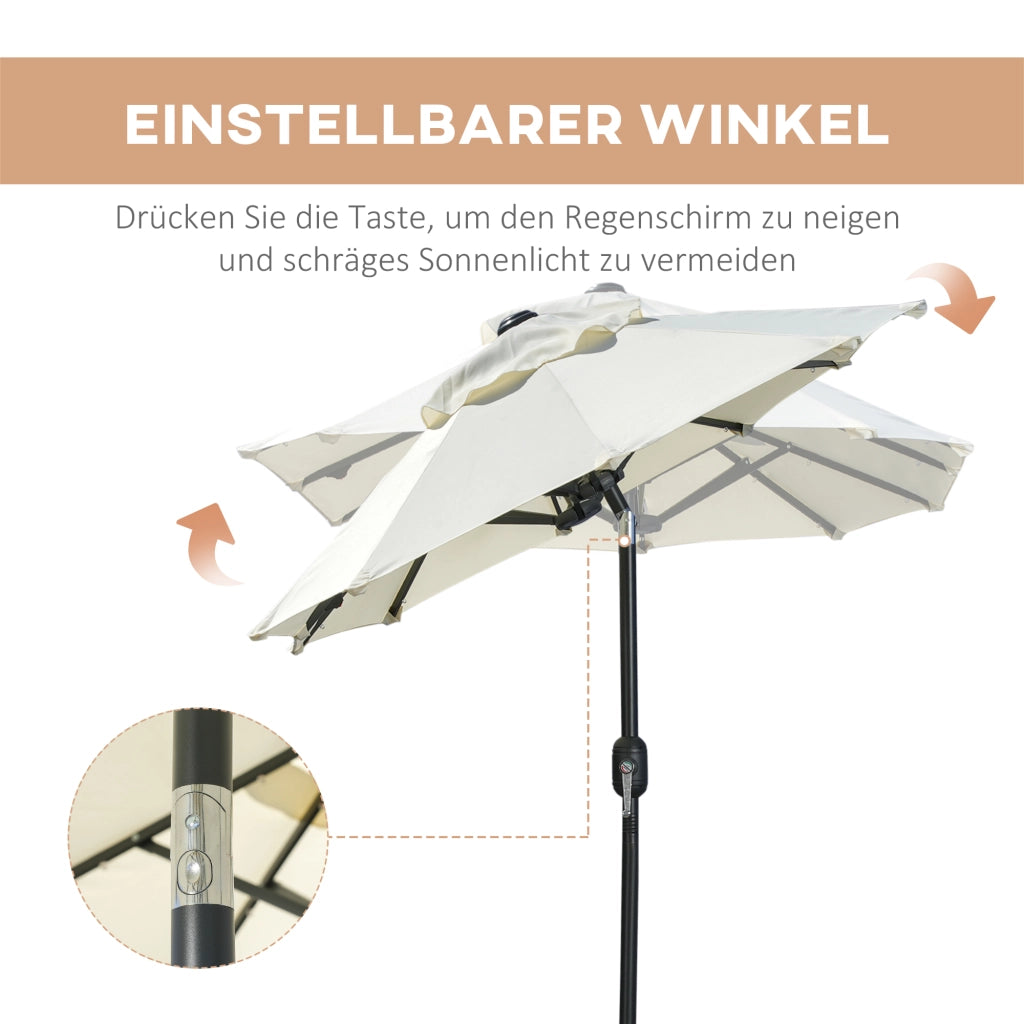 Doppio parasole; parasole da patio; inclinabile; con pannello solare; 35 LED; telaio in acciaio; beige; 2;92 x 1;50 x 2;18 m