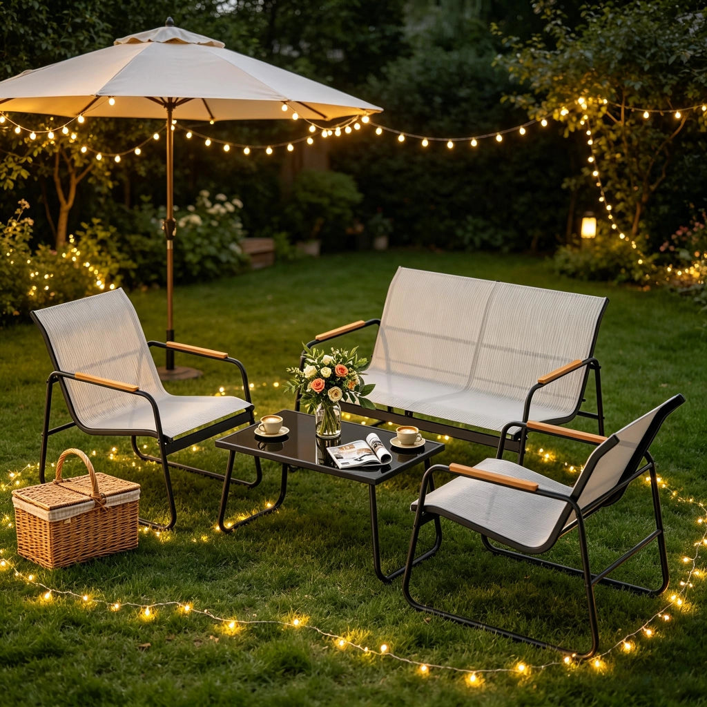 Set mobili da giardino 4 pezzi con divano a 2 posti, 2 poltrone e tavolino in vetro temperato per esterno grigio