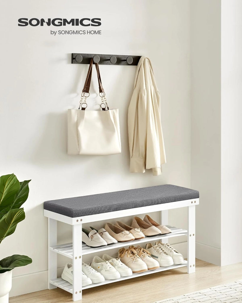 SONGMICS Panca Scarpiera in Bambù, Portascarpe a 2 Ripiani, Organizzatore per Scarpe Stabile per Corridoio, Soggiorno, Seduta Regge Fino a 136 kg, 29 x 90 x 49 cm, Bianco e Grigio LBS904W01