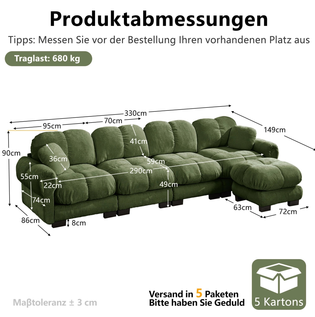 Divano modulare a L in ciniglia verde con pouf mobile; 330 x 149 x 90 cm