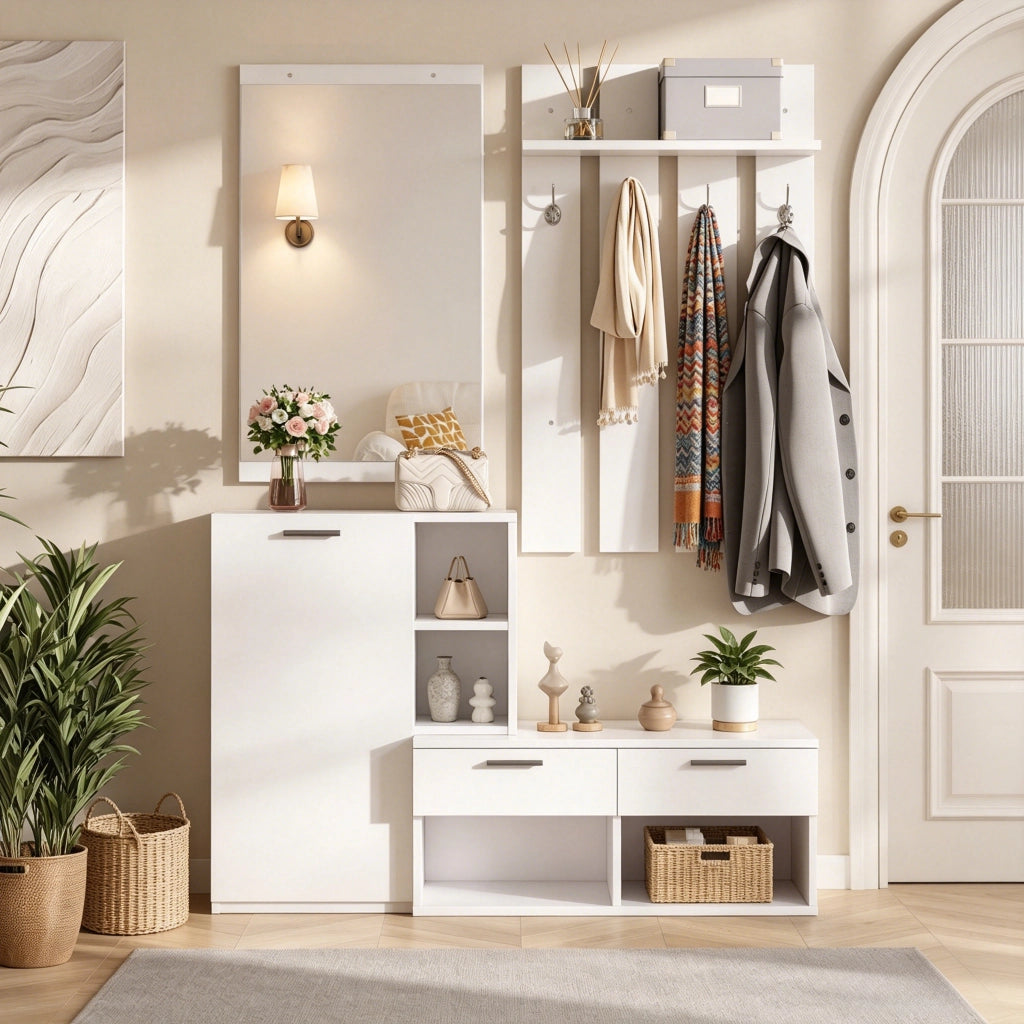 Mobile ingresso con 1 anta; 2 cassetti; 10 vani; 4 ganci e specchio - per ingresso - in MDF - 120×35×175.5 cm - bianco