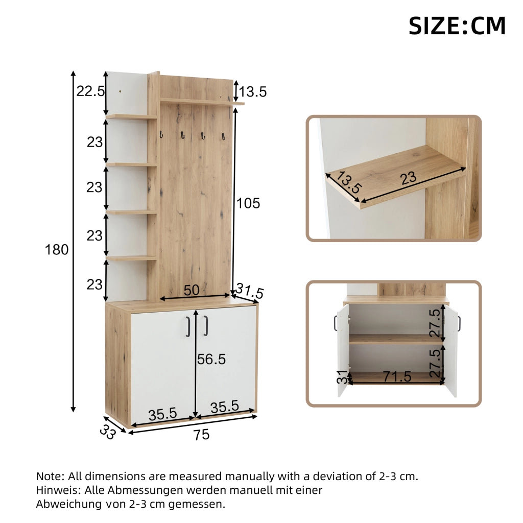 Scarpiera Appendiabiti con Ripiani e Ganci ¨C MINIMAL ¨C Legno/Bianco, 75x33x180 cm