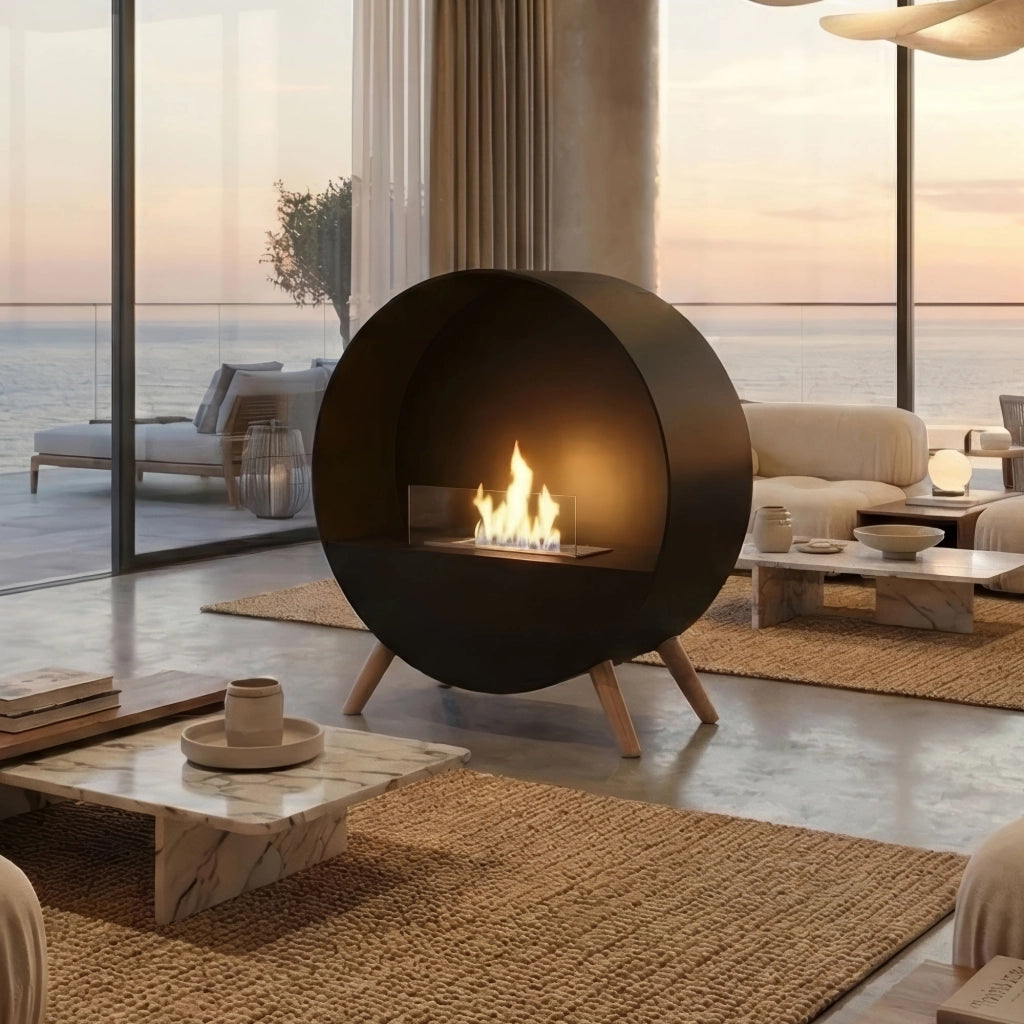 Venere - Camino a Bioetanolo da Pavimento 60x72x30 cm con Bruciatore 1 Litro e Piedi in Legno di Pino Nero