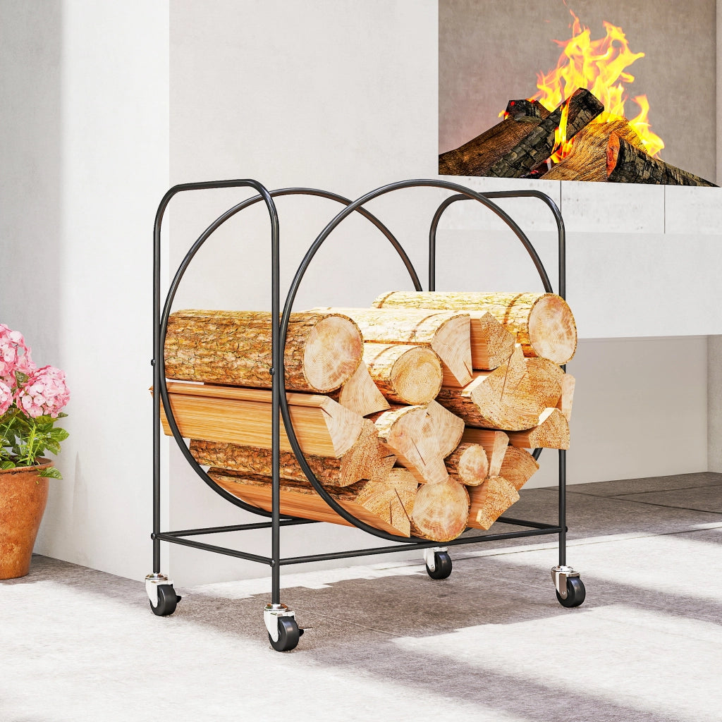 Porta Legna Metallico con Ruote per Interno ed Esterno ¨C zephmum ¨C Nero 51x30x60 cm