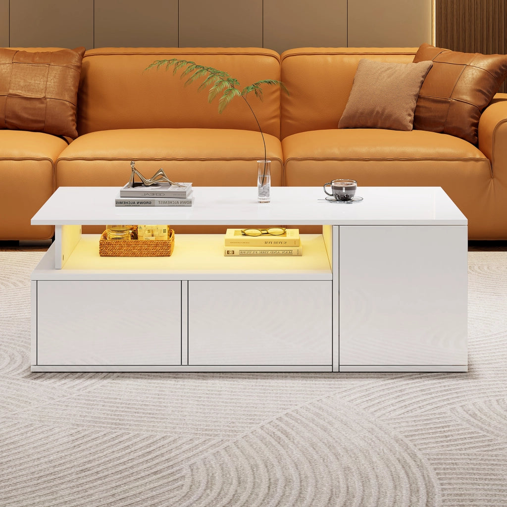 Tavolino da Salotto con 2 Cassetti e LED; Contenimento a 3 Livelli; Bianco Lucido; in Truciolare; 100×50×35 cm