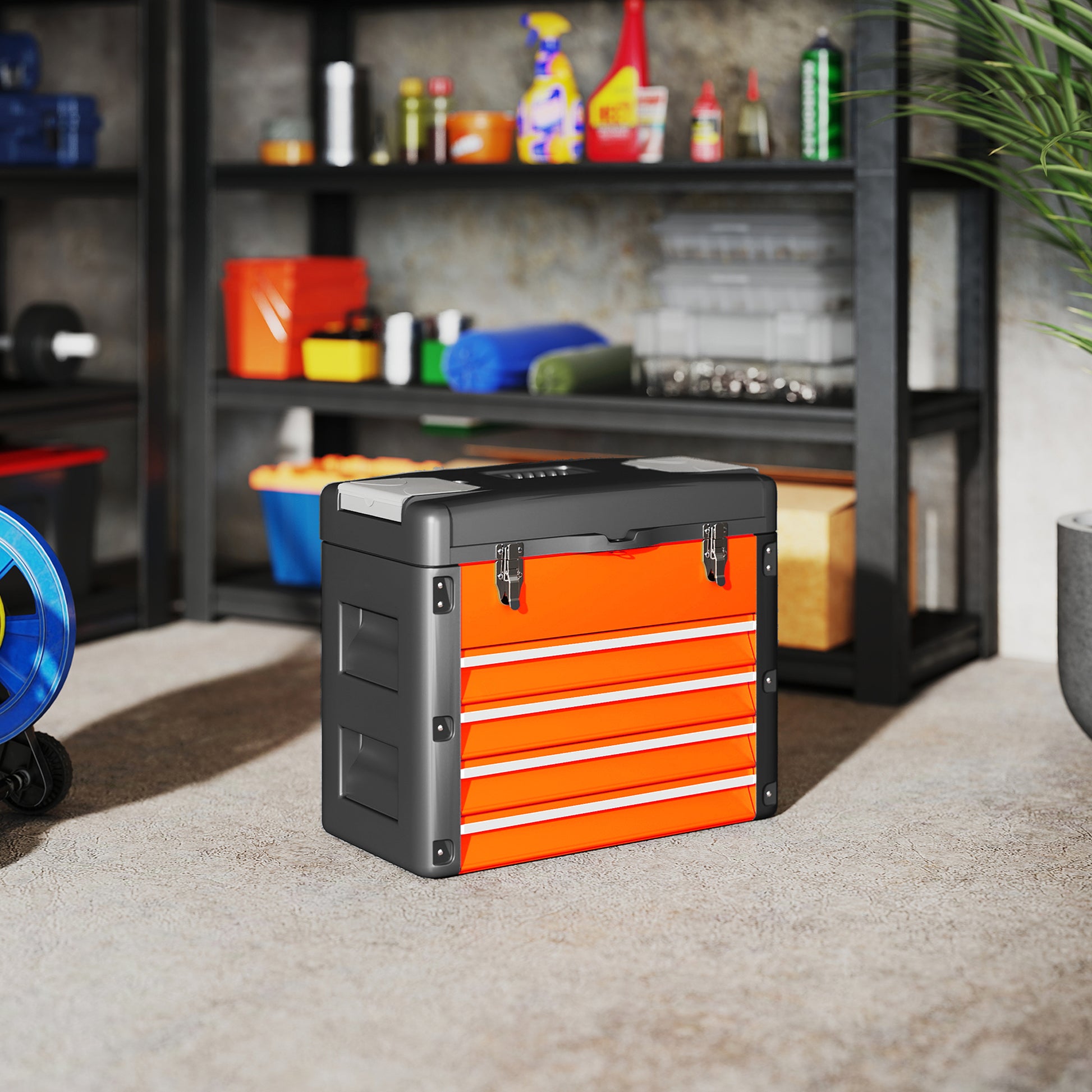 Cassetta Porta Attrezzi 49,7x25,3x40,7 cm con 4 Cassetti e Scomparto Superiore in Acciaio e Plastica Arancione e Nero