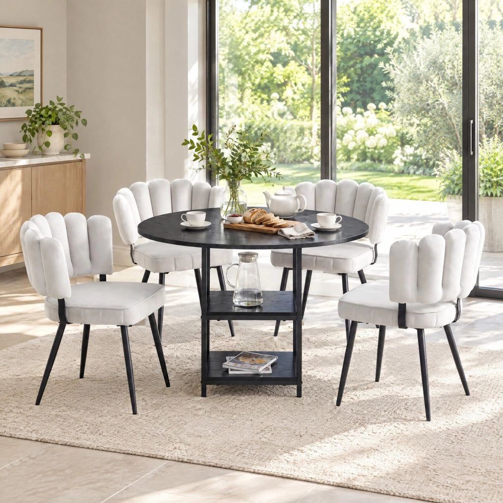 Set tavolo rotondo 107 cm nero MDF con 4 sedie e doppio ripiano
