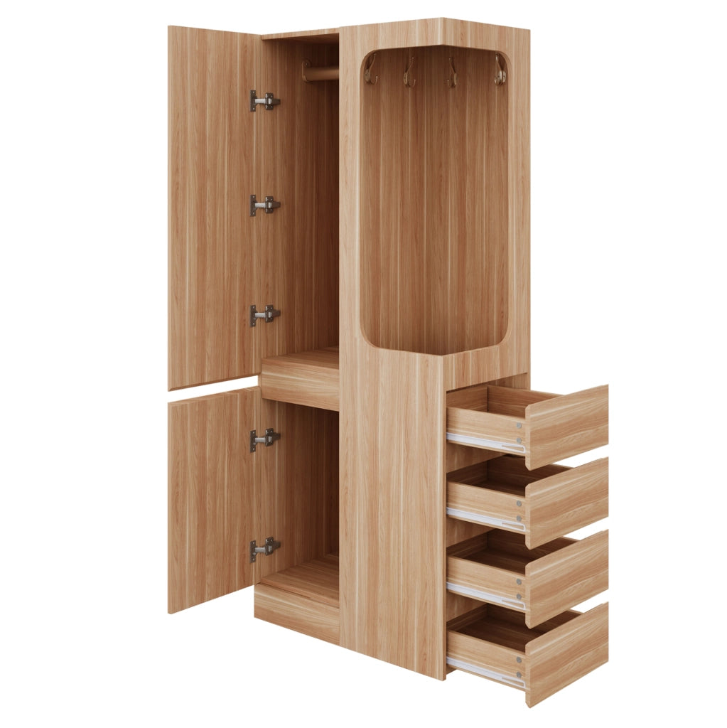 Armadio a 1 anta 70 x 40 x 170 cm con 4 cassetti e vano appendiabiti; colore legno naturale