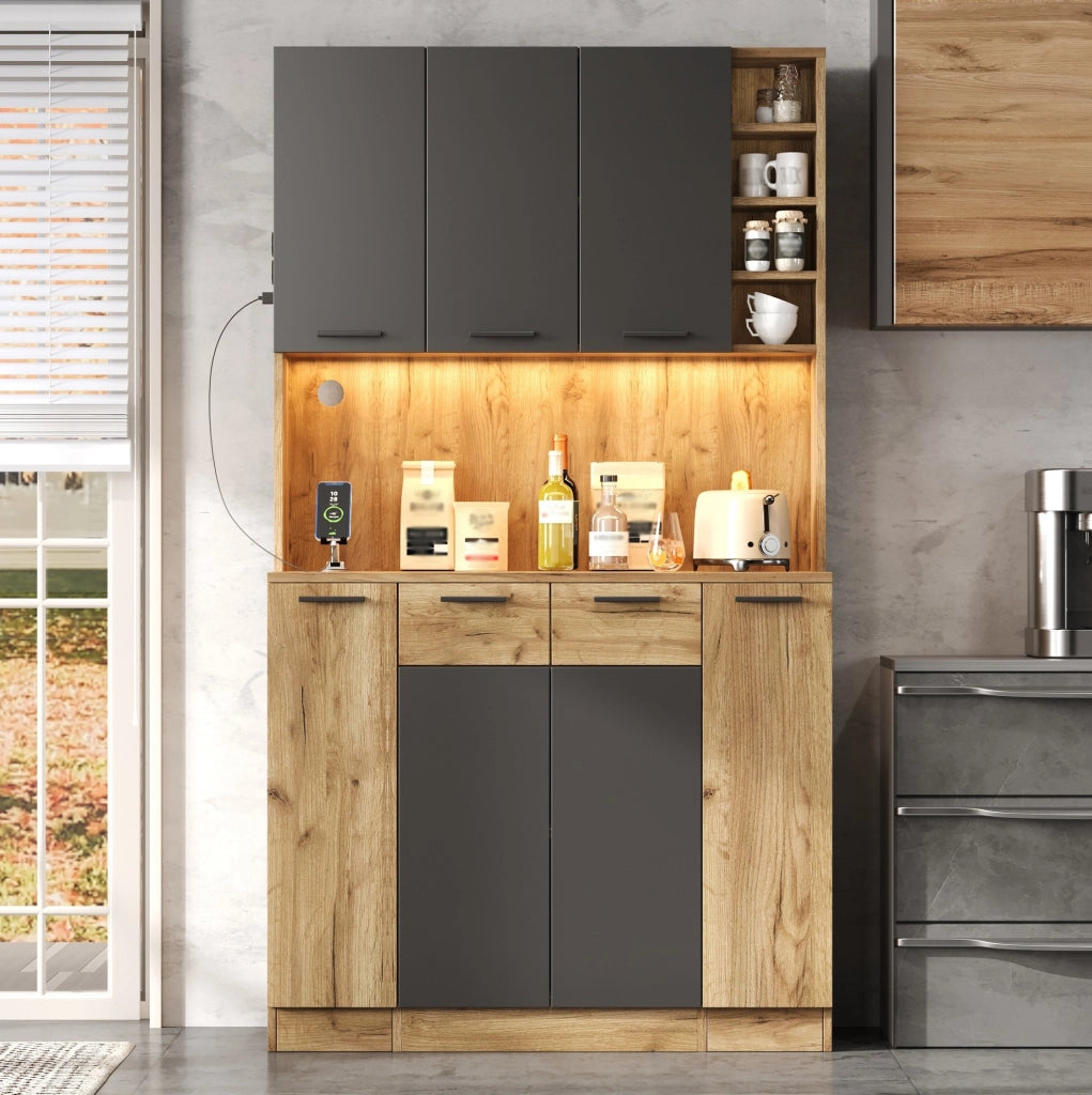 Credenza alta da cucina con LED RGB, prese e ripiani estraibili