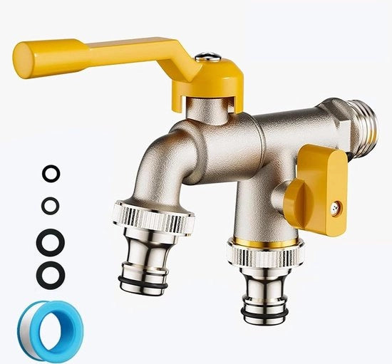 Valvola a sfere in ottone 1/2 pollice - doppio rubinetto per esterno - resistente all'ossidazione e al gelo - con connettori di tubo - cintura di sigillaggio a rullo per lavatrice