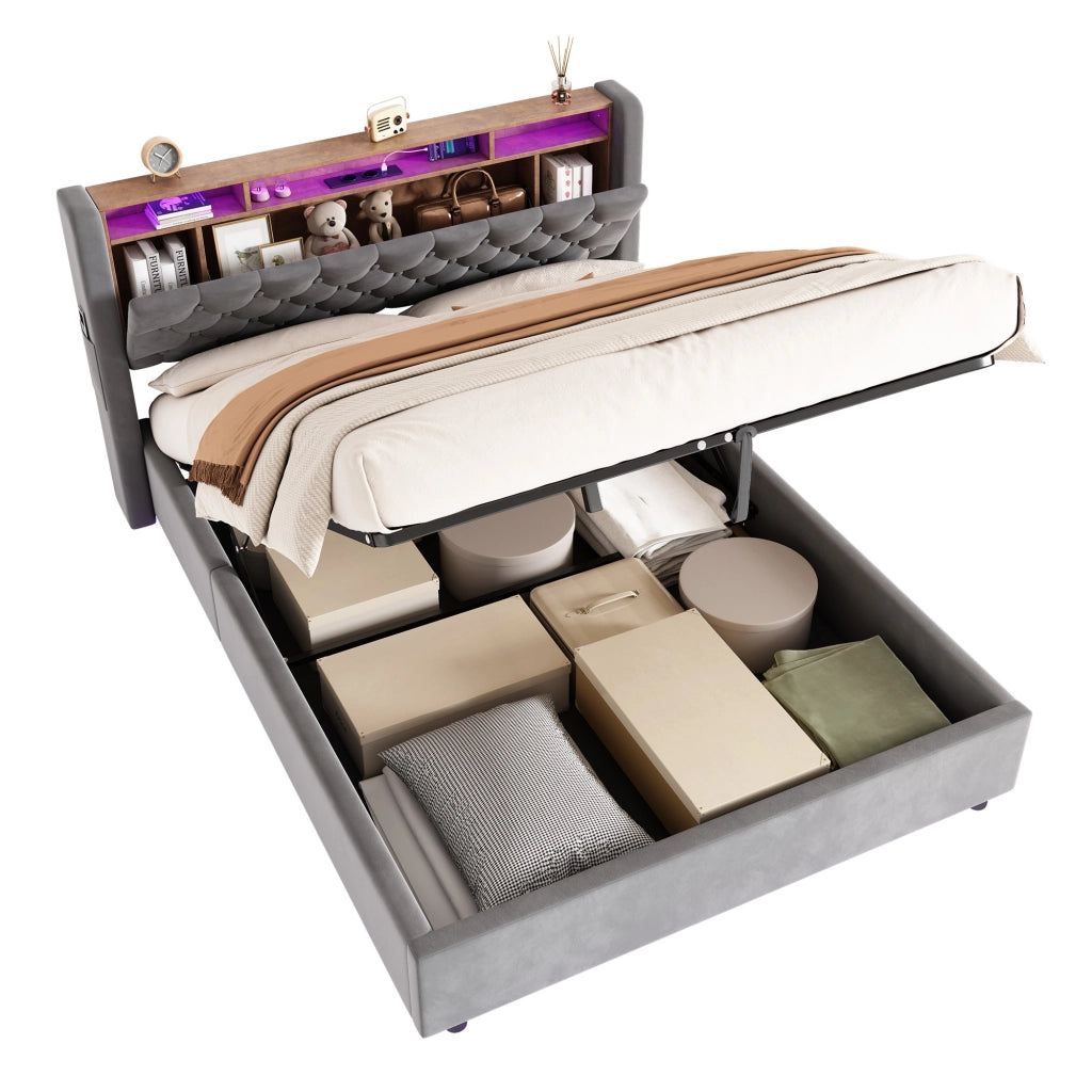 LETTO Imbottito 140 x 190 cm in Velluto Grigio con LED, USB e Contenitore