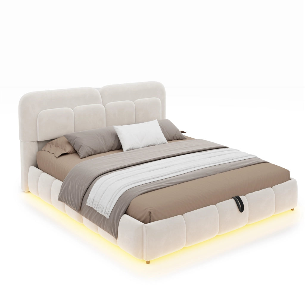 Letto Contenitore 140x200 cm; Letto Matrimoniale con LED e idraulico - in Velluto Beige