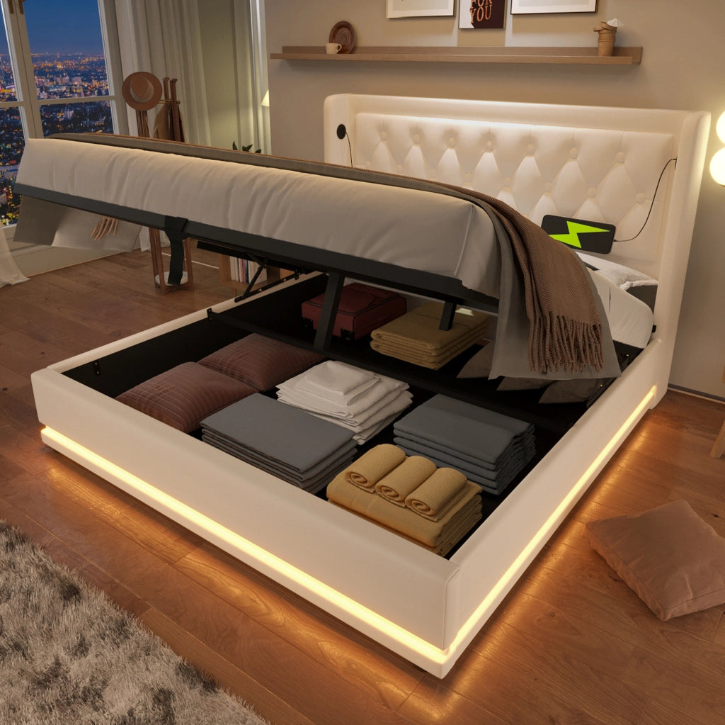 Letto matrimoniale 160x200 cm in PU bianco con contenitore; USB Type-C e LED a 3 lati