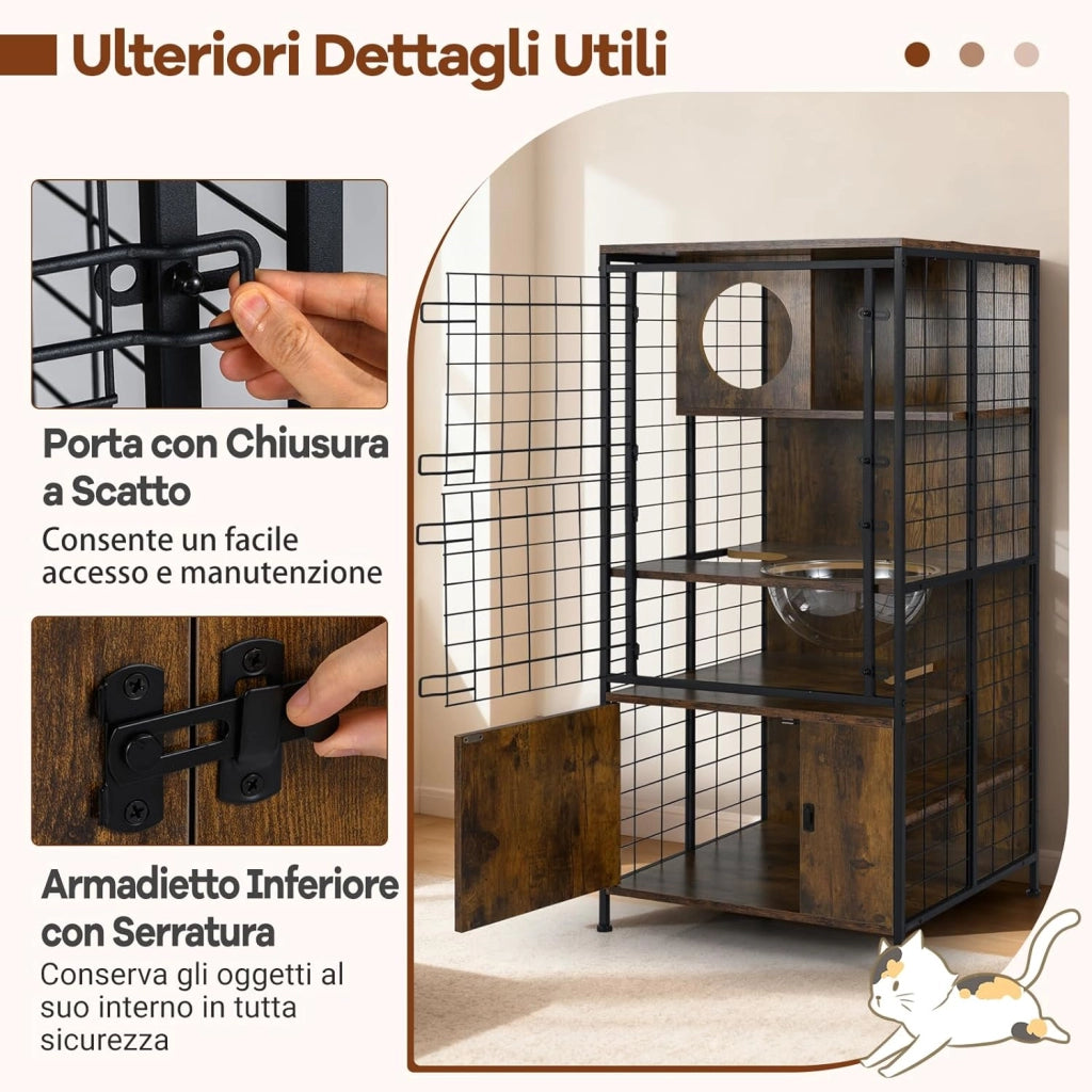 Armadio in Legno per Gatti, Gabbia a più Livelli con Struttura Metallica e Ciotola per Gatti, Armadietto con Porta a Rete Bloccabile, Casetta per gattini da Interno, 60 x 60 x 125 cm
