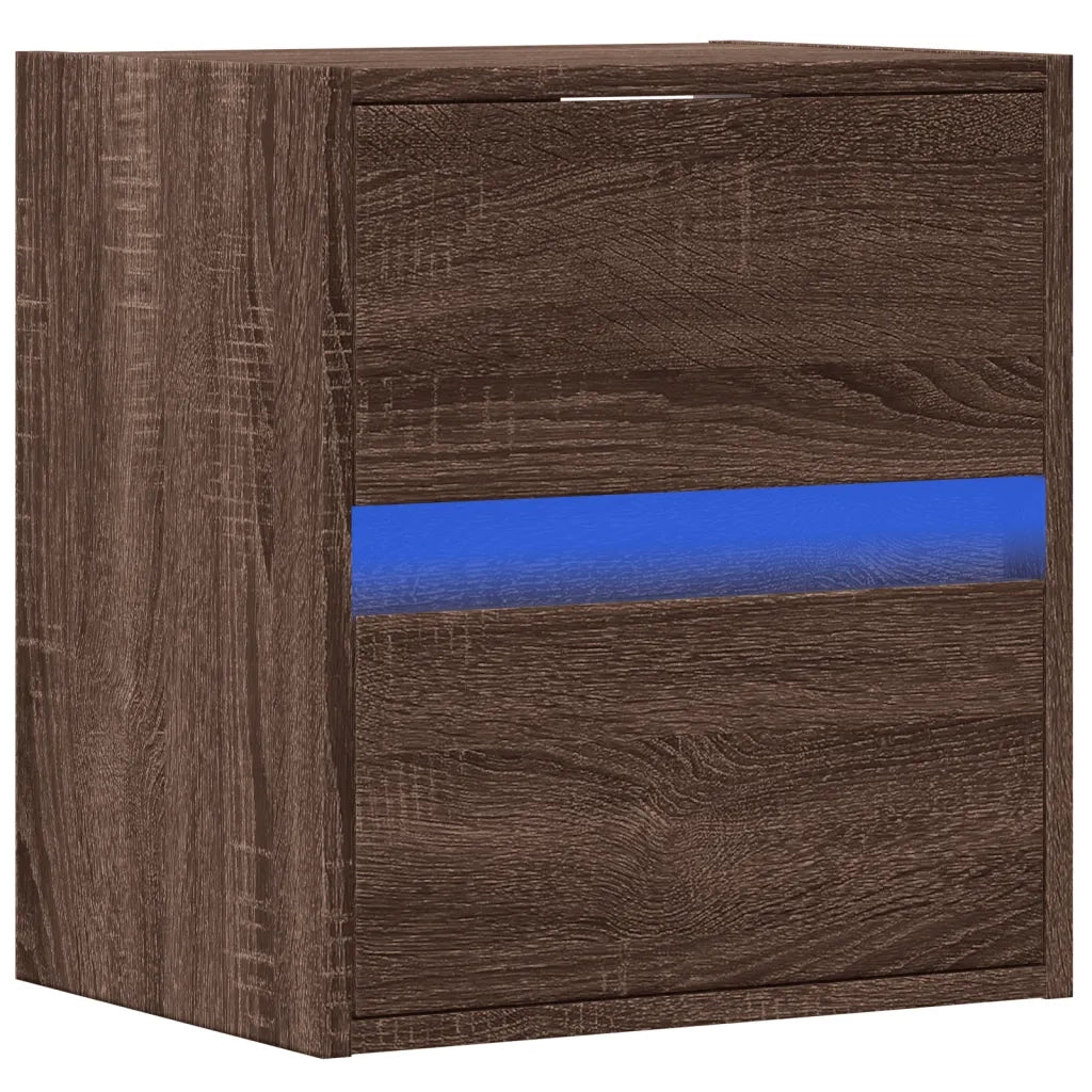Comodino | Armadio da Notte | Mobiletto da notte a Parete con luci LED Rovere Marrone