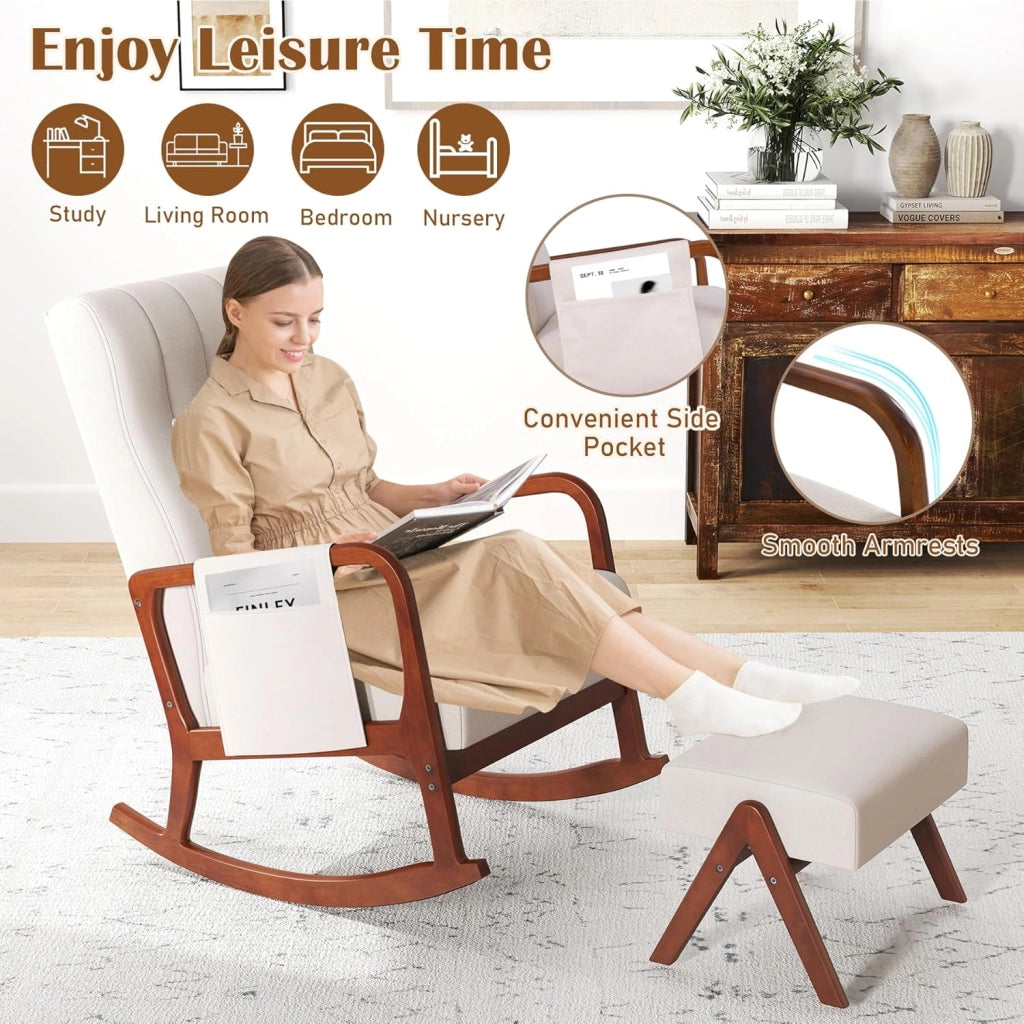 Poltrona a dondolo, Poggiapiedi, Sedia a dondolo, Braccioli confortevoli, Telaio in Legno di Eva, Schienale Curvo, Tasca Laterale Rimovibile, Sedia da Soggiorno, Carico 150 kg, Beige