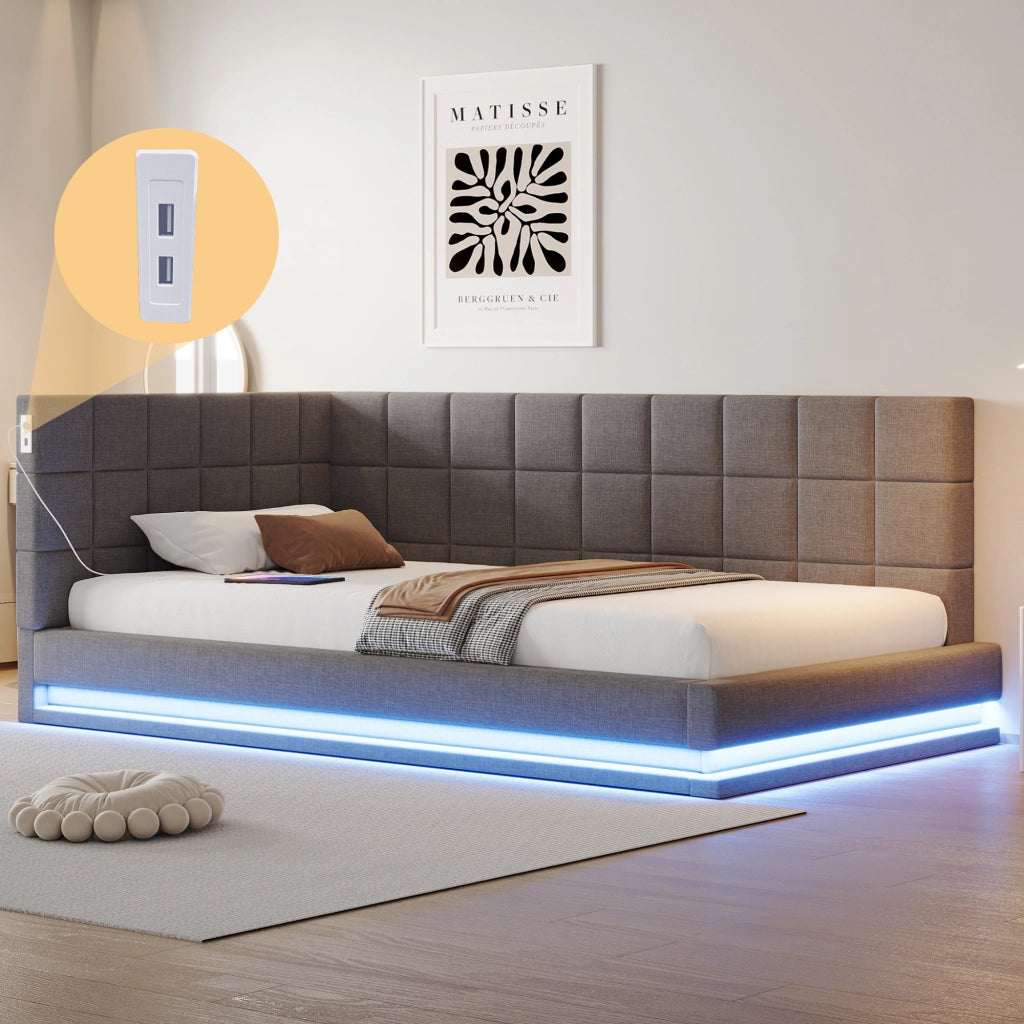 Letto imbottito singolo 90×200 cm con LED; USB e rete; senza materasso; lino; grigio