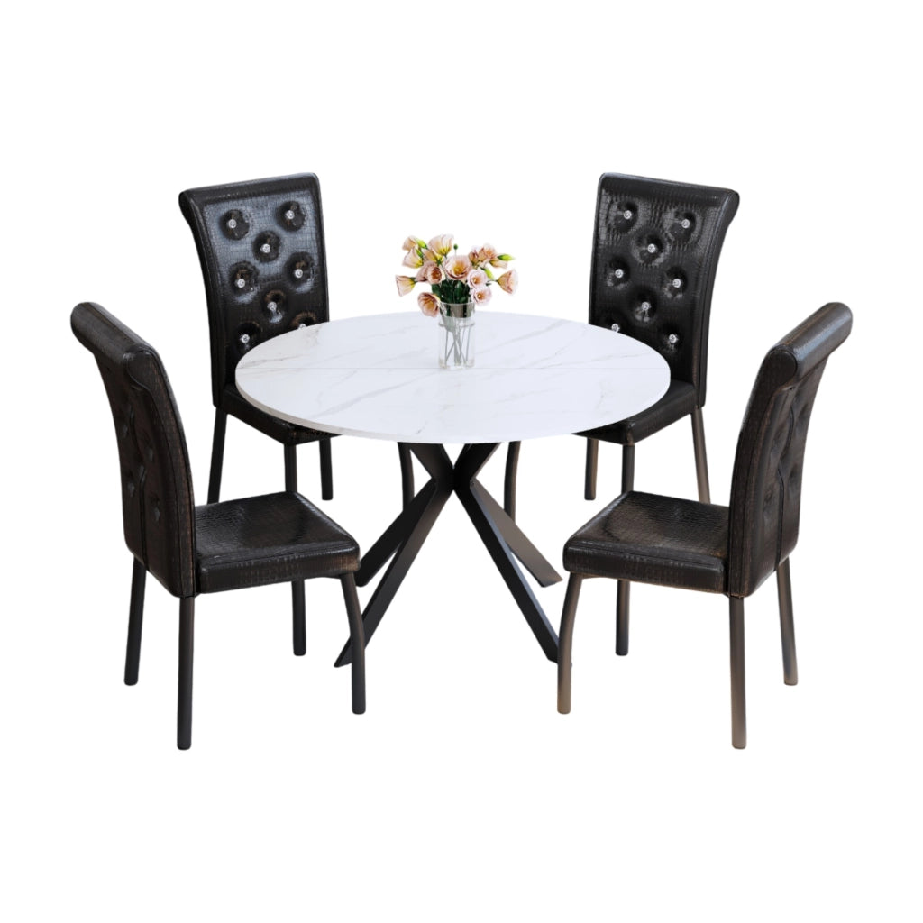 Set tavolo da pranzo e sedie con 1 tavolo rotondo e 4 sedie per cucina, MDF e metallo, bianco e nero