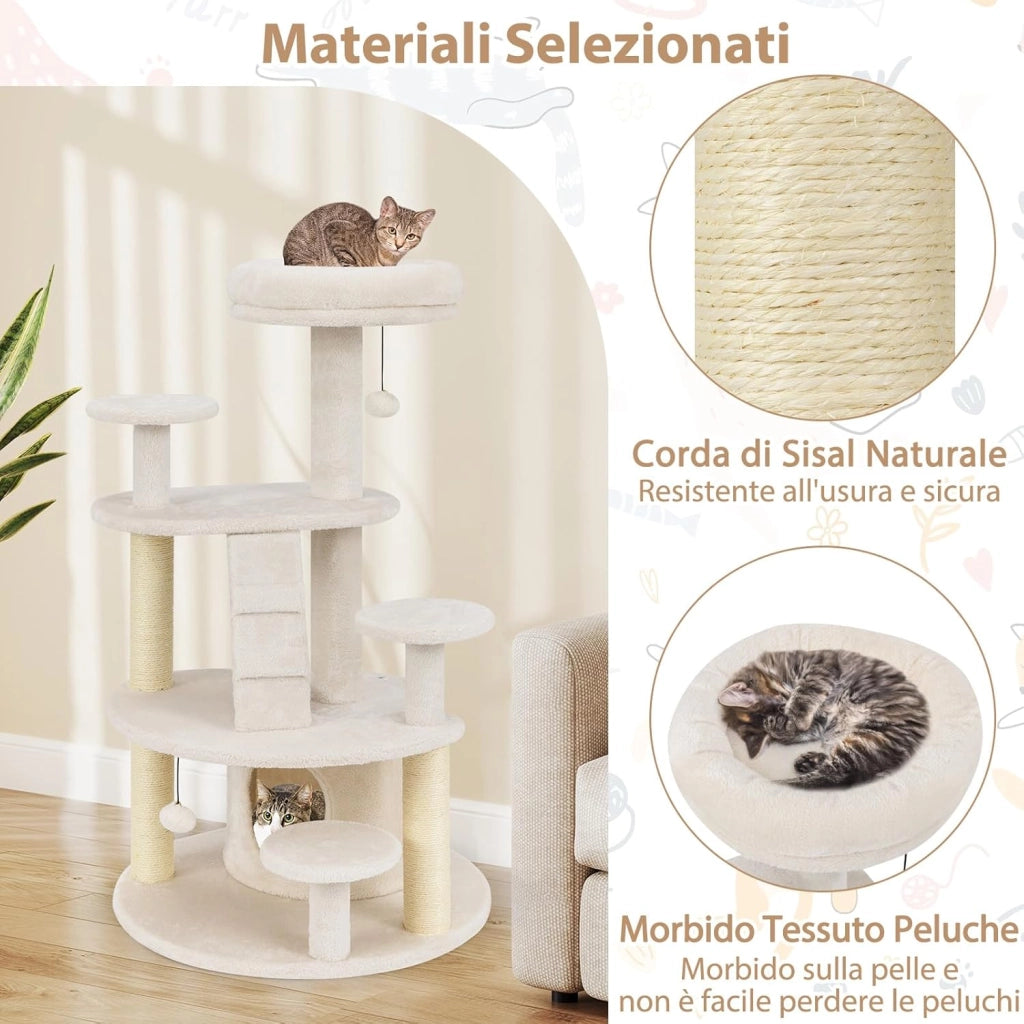 Albero per Gatti Adulti, Torre per Gatti Alta 101 cm con Condominio, Piattaforma Imbottita, Tiragraffi, Pallina di Peluche Pendente e Scala, Albero Tiragraffi in Legno per Interno (Bianco)