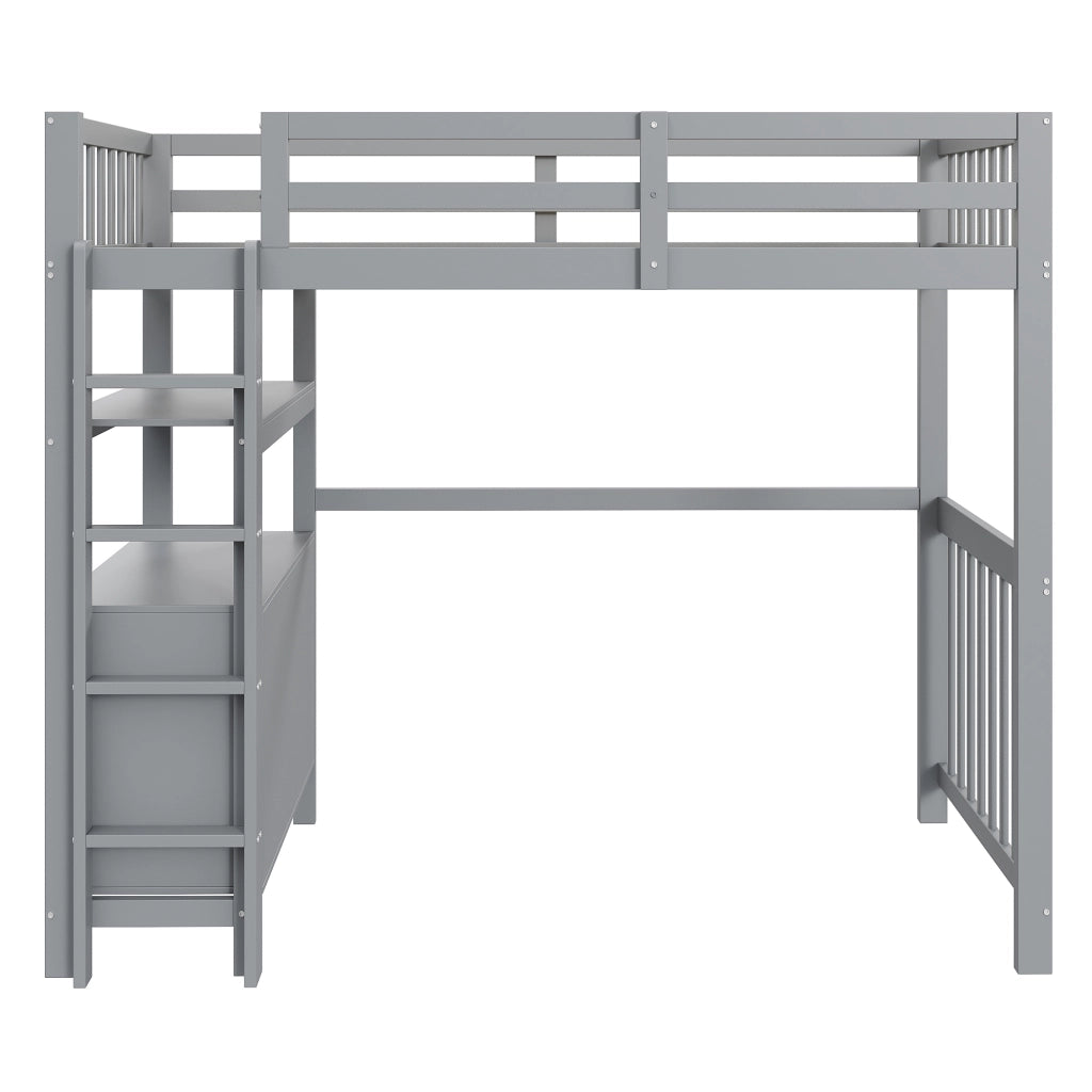 OKWISH Letto a Soppalco 90×200 cm, Letto Singolo con Scala Verticale, 6 Cassetti, Mensole e Sponda di Sicurezza, senza Materasso, Grigio