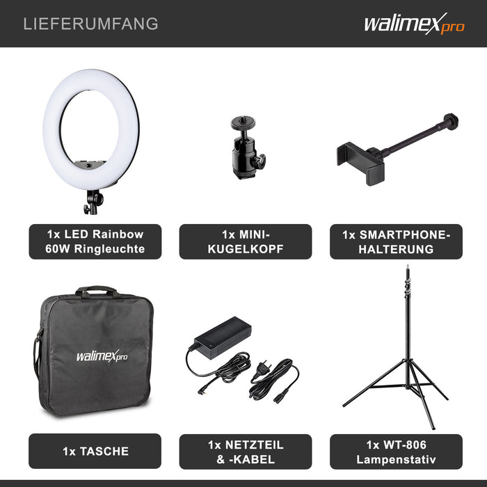 Ring light a LED Rainbow RGB da 60 W con cavalletto fotografico, Luce ad anello per foto e video con supporto smartphone e controllo tramite app