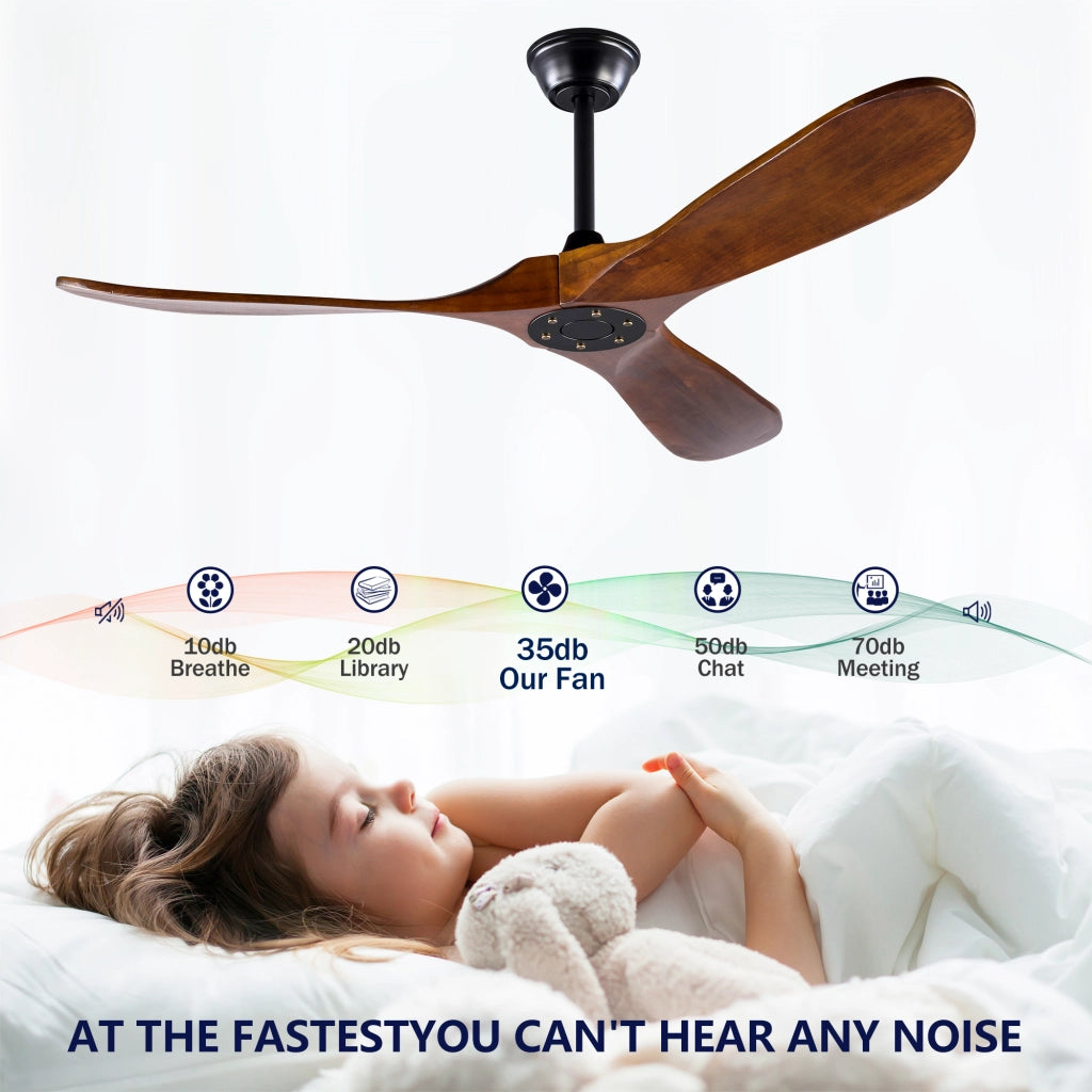 Ventilatore da soffitto 52 pollici, 3 pale legno, design ad elica, funzione memoria, telecomando, finitura noce, per terrazze e soggiorni