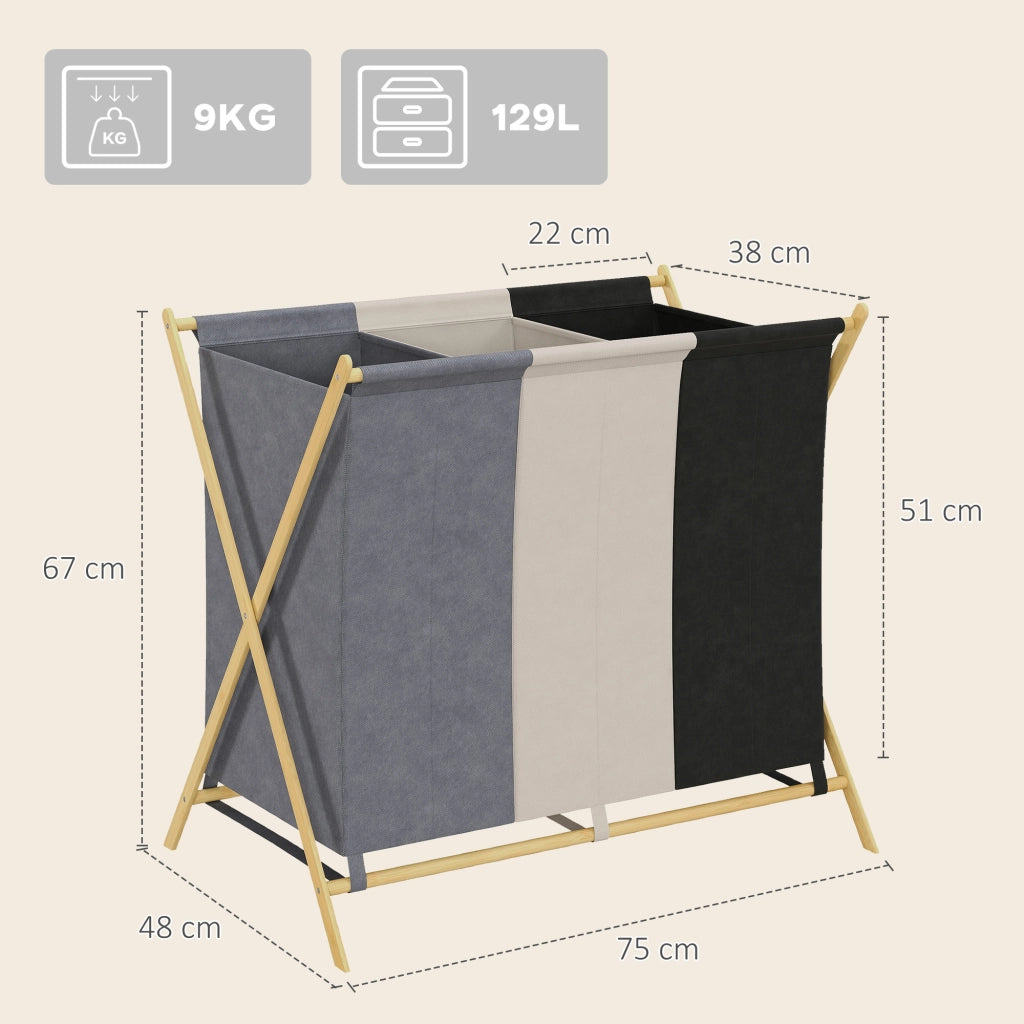 Cesto Portabiancheria Pieghevole 75x48x67 cm a 3 Scomparti in Bambù e Tessuto Effetto Lino Multicolore