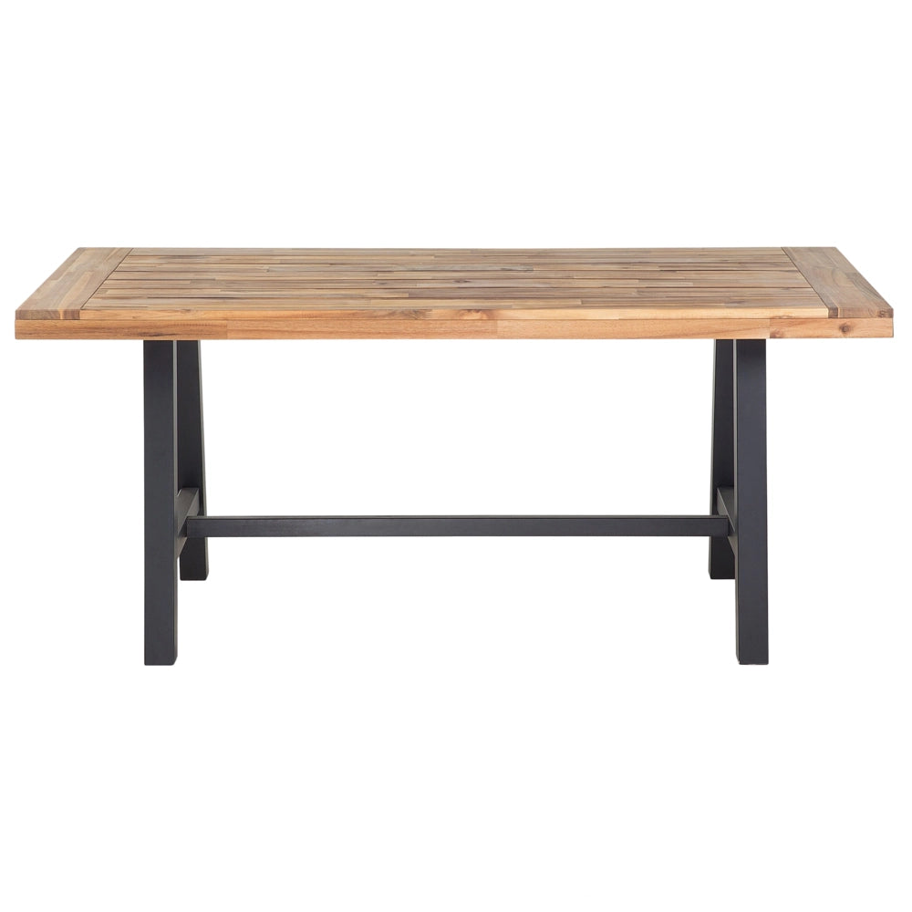 Set da pranzo da giardino Piano in legno chiaro Gambe nere da esterno 3 pezzi Tavolo rettangolare in legno di acacia 2 panche
