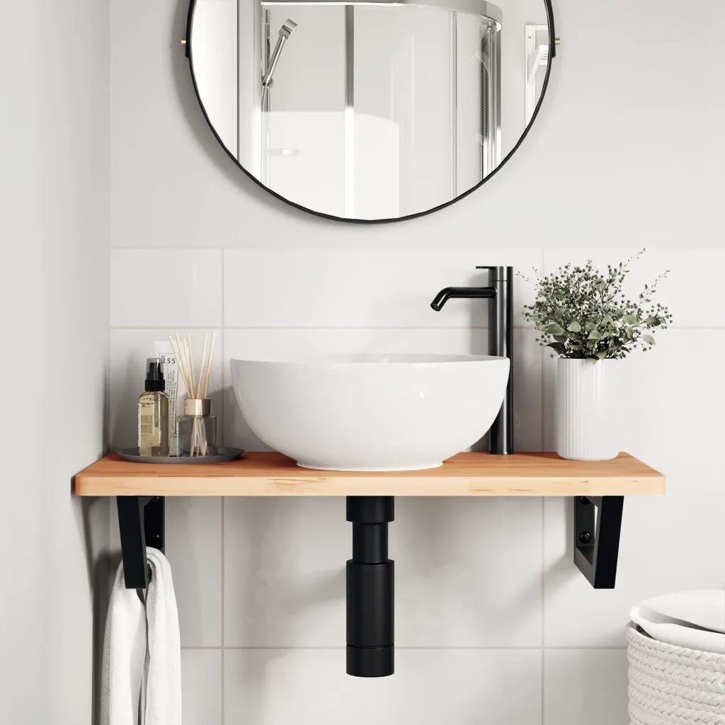Ripiano a Parete per Lavabo in Acciaio e Massello di Faggio 3302367