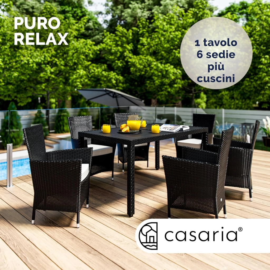 ® Set Mobili da Pranzo da Giardino in Polyrattan 6 Sedie Impilabili Tavolo 150x90cm in WPC Legno Resistente da Terrazza Esterno Nero
