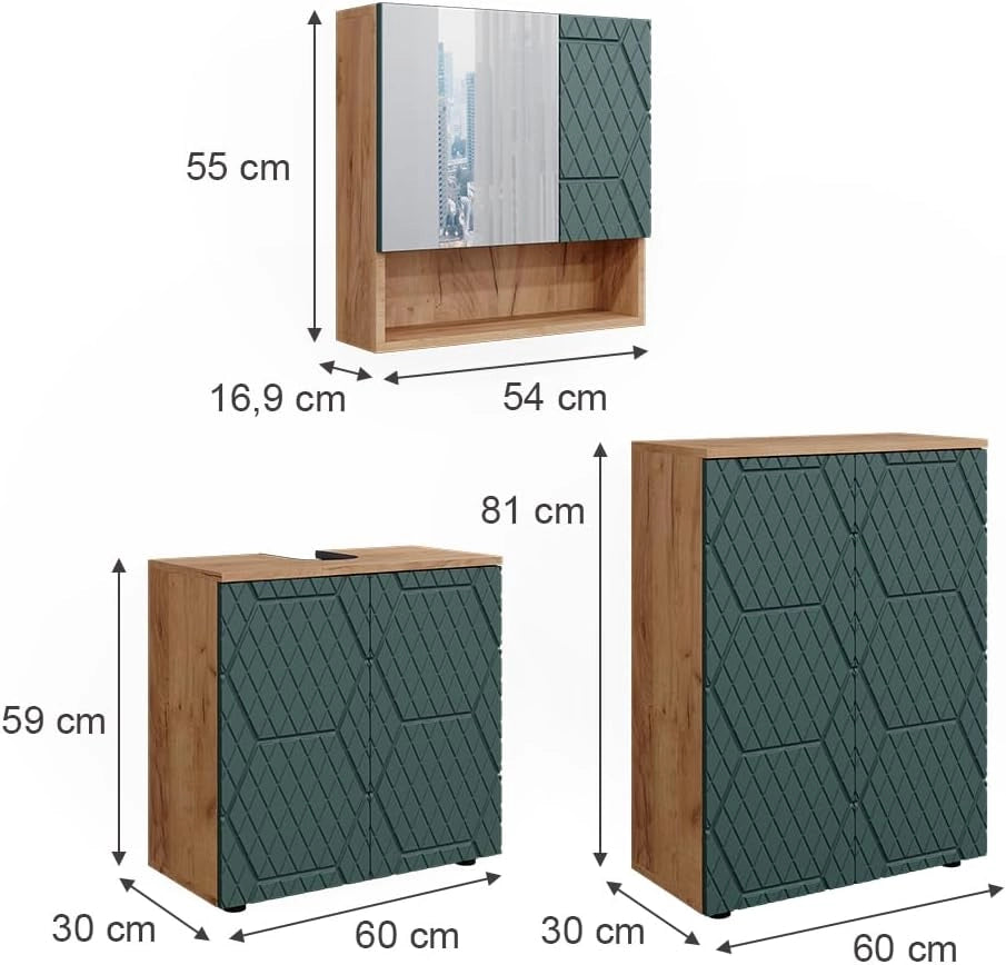Set mobili bagno Irma, Quercia verde/oro, 3 parti, con unità di base 60 cm, composto da mobile sottolavabo, specchiera e mobile medio