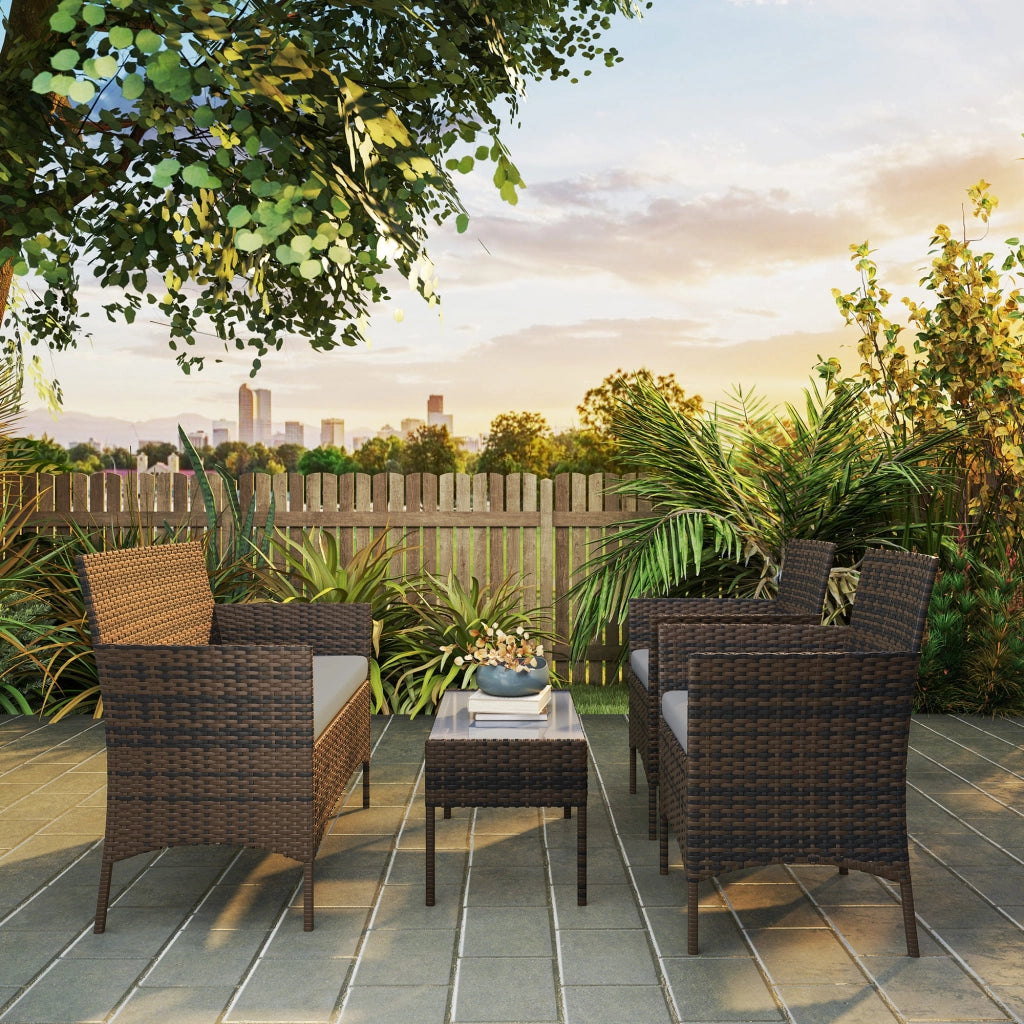 Set da Giardino con Divano 2 Posti 2 Sedie e Tavolino Basso in Rattan e Acciaio Grigio e Marrone