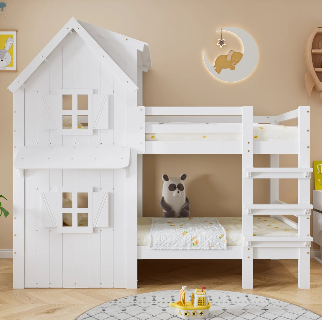 Letto a castello per bambini bianco 90x200 cm con finestre e tetto