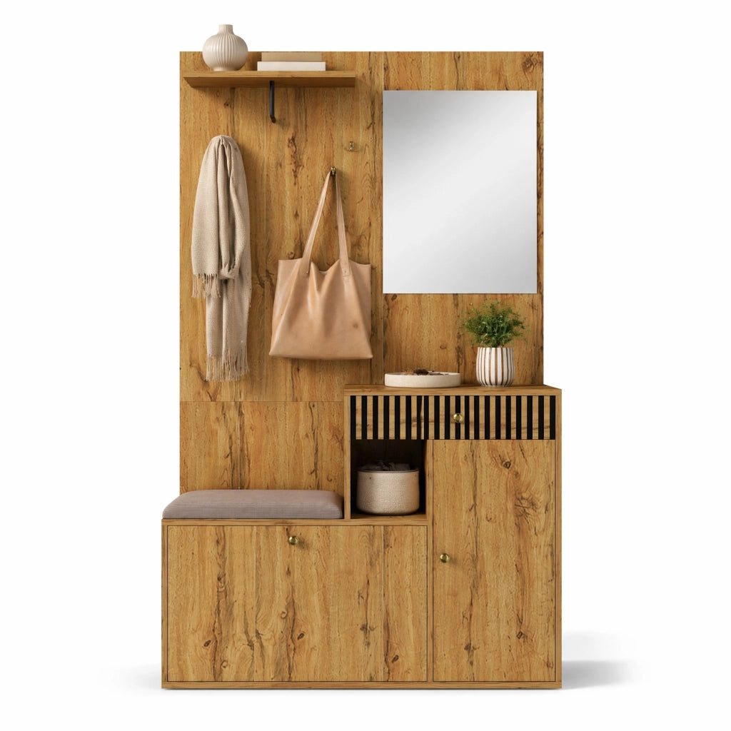 Mobile ingresso con specchio; seduta imbottita e ripiani regolabili 110 x 37 x 185;5 cm; nero e naturale
