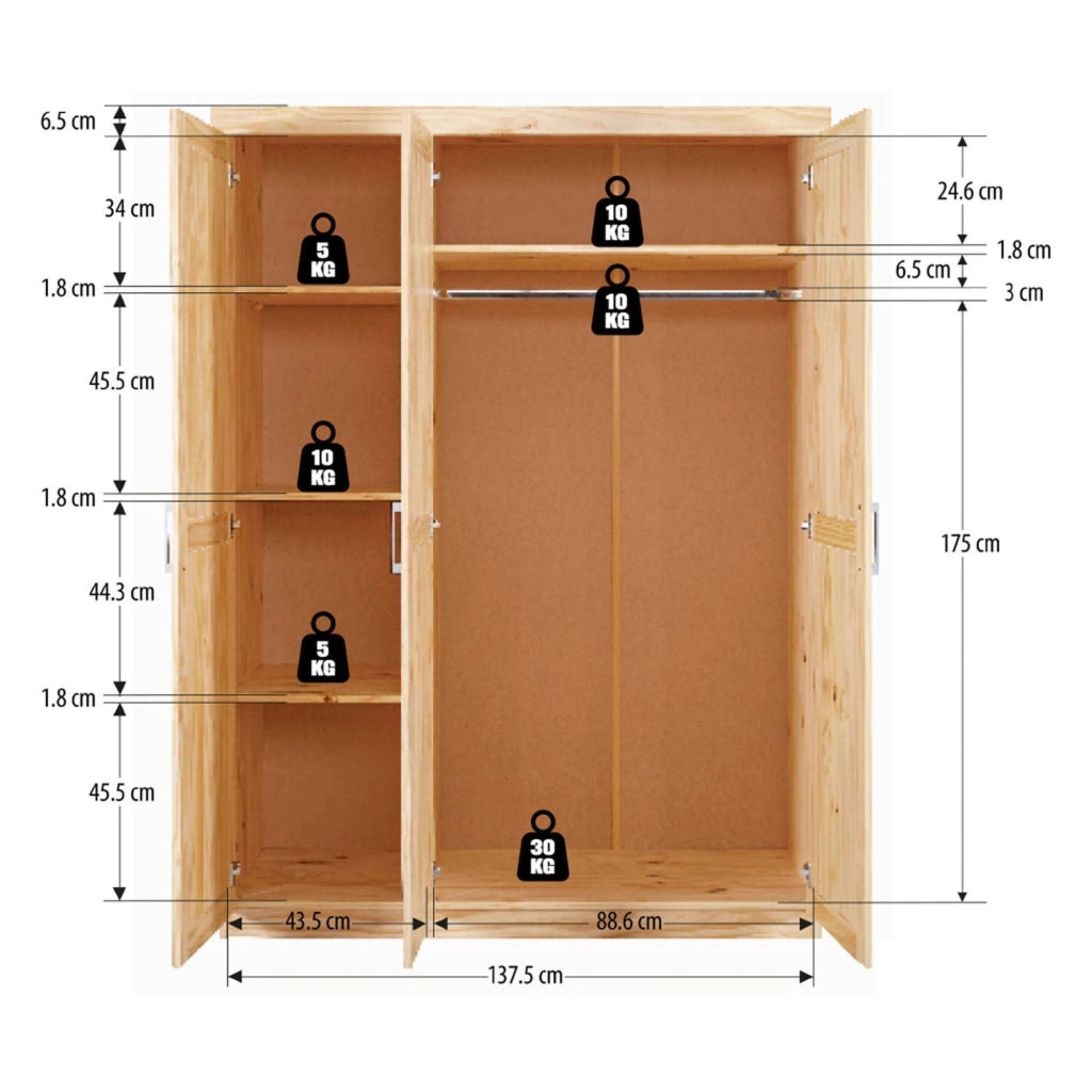 Tubre, Guardaroba 3 ante\ Appendiabiti, 140x190h cm Marrone Rovere