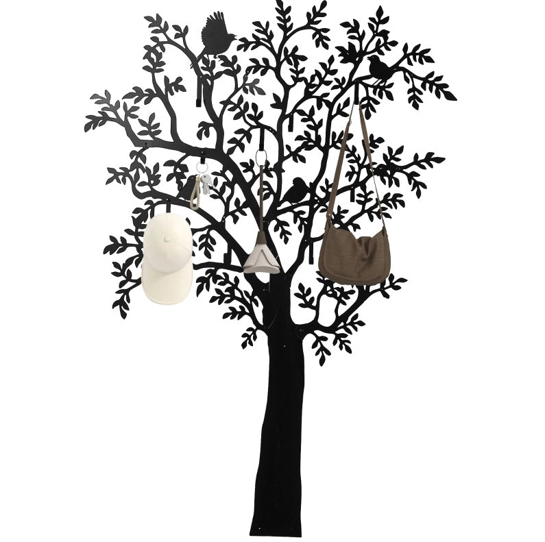 Appendiabiti da Parete in Metallo Nero con Design Albero e Uccelli, 120x175 cm